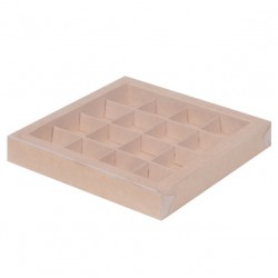 Коробка для конфет на 16 ячеек КРАФТ с пластиковой крышкой 200*200*30мм 050507