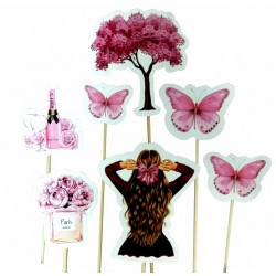 'Девушка с бантиком и бабочкой' набор топперов для торта бумажный, 7 шт СН008