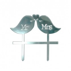 'Птички Mr&Mrs' серебро, пластиковый топпер для торта