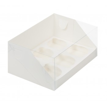 Коробка для капкейков на 6 ячеек 235*160*100 белый с пластиковой крышкой 040311