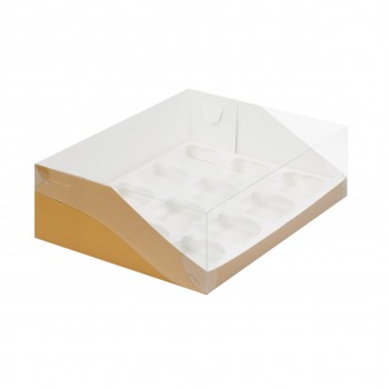 Коробка для капкейков на 12 ячеек ЗОЛОТО с пластиковой крышкой 310*235*100мм 040523