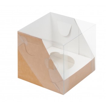 Коробка для капкейка на 1 ячейку 100*100*100мм КРАФТ с пластиковой крышкой 040121