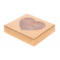 Коробка для конфет 155*155*30мм на 9 ячеек ЗОЛОТО с окошком сердце