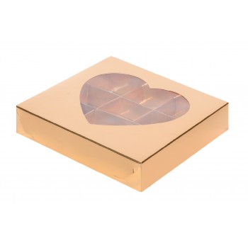 Коробка для конфет 155*155*30мм на 9 ячеек ЗОЛОТО с окошком сердце
