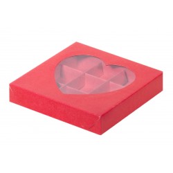 Коробка для конфет 155*155*30мм на 9 ячеек КРАСНАЯ с окошком сердце