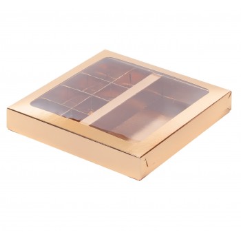 Коробка для конфет и шоколадной плитки 200*200*30 с вклеенным окном ЗОЛОТО 1шт 050391