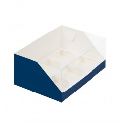 Коробка для капкейков на 6 ячеек 235*160*100 синяя с пластиковой крышкой 
